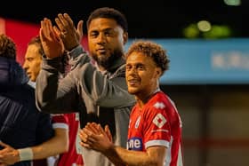 Colin Kazim -Richards with Stephen Duke-McKenna after the Bromley win | Picture: Kyle Hemsley
