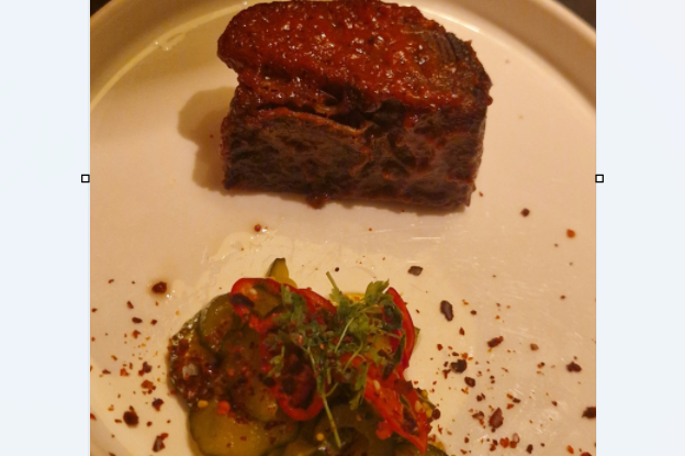 First came the Jacob’s Ladder, a slow-cooked beef short rib with bourbon glaze and pickled cucumber.