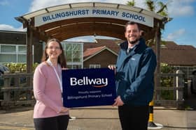 Ian Trindall, Sales Manager for Bellway, pictured with Beth Little, Chairperson at the Primary School