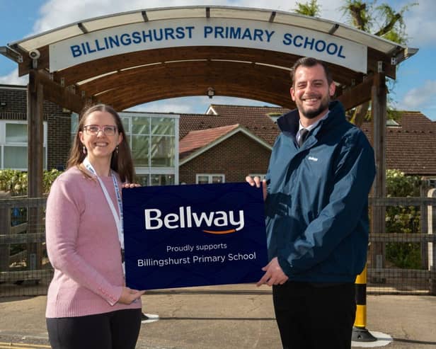 Ian Trindall, Sales Manager for Bellway, pictured with Beth Little, Chairperson at the Primary School