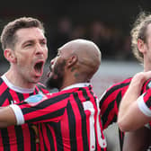 Lewes celebrate the goals that earned a 2-1 win over Potters Bar at The Dripping Pan | Picture: James Boyes