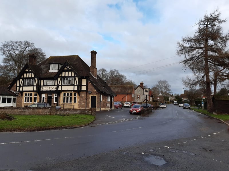 You are not far from the bus here but if you parked at Storrington Rise, follow the A24 left from The Black Horse (behind you in this picture) until you reach May Tree Avenue, which takes you back to the car park.