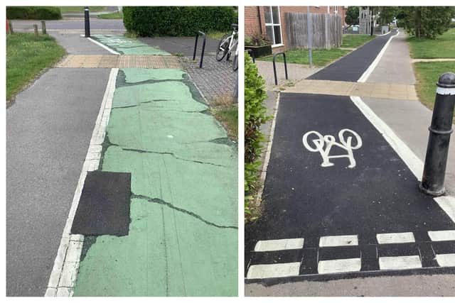 Cycle path in Angmering before and after being resurfaced