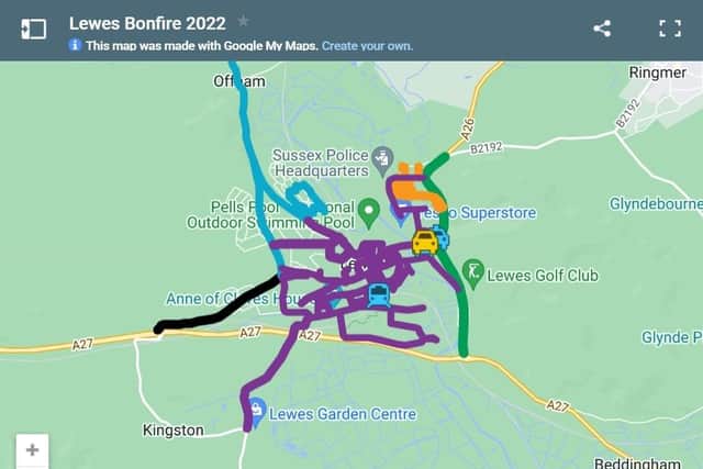 Purple Routes: Road will be closed from 4pm to 2am. On-street parking is suspended from 12pm, vehicles risk being towed from 2pm.
Blue Route: Road will be closed from 4pm to 2am. On-street parking will be suspended from 12pm, vehicles risk being towed from 2pm.
Black Route: Westbound traffic only from 4pm to 7pm. There will be no access to Lewes from A27 during this time. This road will be closed from 4pm - 2am. On-street parking is suspended from 12pm, vehicles risk being towed from 2pm.
Orange Route: Road will be closed from 5pm to 2am. On-street parking in authorised bays is permitted.
Green Route: Road will be closed from 4pm to 2am. On-street parking will be suspended from 12 noon. Vehicles risk being towed away from 2pm.