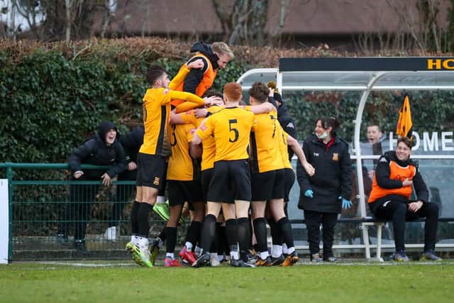 Three Bridges advanced to the second qualifying round of the FA Trophy after a nail-biting 3-2 home win over Hullbridge Sports on Tuesday evening, writes Alf Blackler. Picture by Eve Gilbert