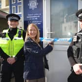 Launch of Sussex Police's Engagement Hub in Hastings town centre on March 6 2024. L-R: Dave Gibbins-Jones, PCSO. Katy Bourne, Sussex PCC, and Neighbourhood Policing Inspector Richard Breeze.