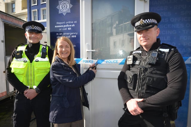 Launch of Sussex Police's Engagement Hub in Hastings town centre on March 6 2024. L-R: Dave Gibbins-Jones, PCSO. Katy Bourne, Sussex PCC, and Neighbourhood Policing Inspector Richard Breeze.