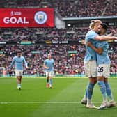 Riyad Mahrez of Manchester City celebrates after scoring the team's second goal during the FA Cup Semi Final match against Sheffield United