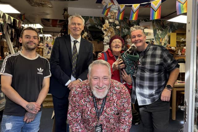 Danny Dawes (front) with the High Sheriff of West Sussex Gary Shipton and some of the Grandads Front Room team. Photo: contributed