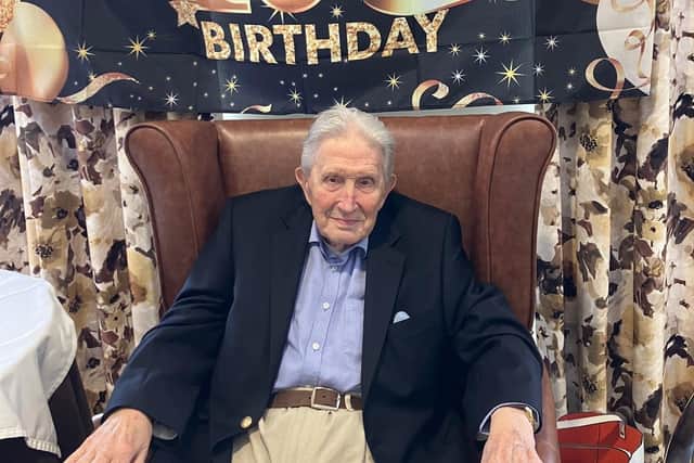 D-Day veteran Geoff Weaving celebrated his 100th birthday in style at Skylark House in Horsham. He says the secret to living to a ripe old age is 'plenty of red wine'. Photo contributed