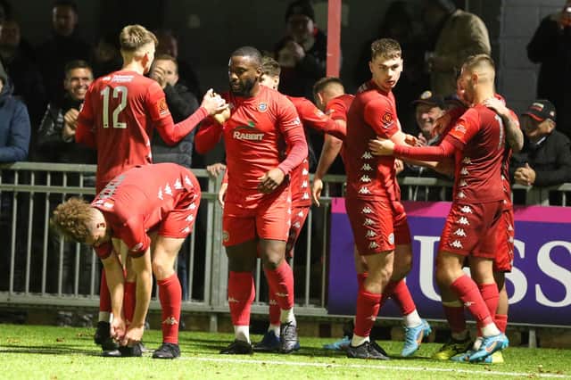 Worthing celebrate the breakthrough against Oxford City | Picture: Mike Gunn