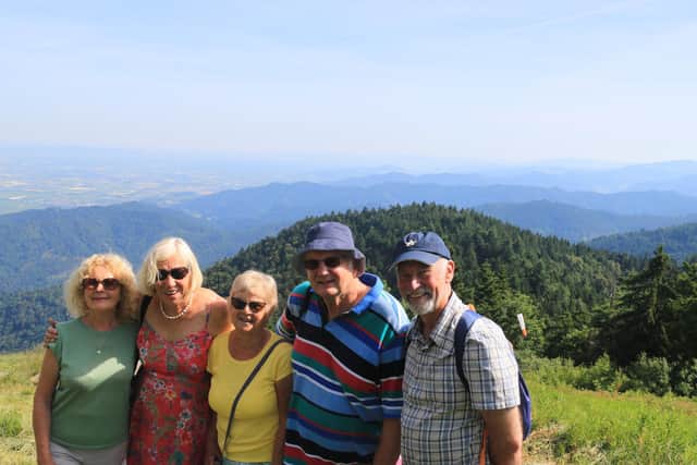 Twinning Association members Joelle Marsh, Heather Perrott, Angela Walsh, David Roche, Mac Keight at the top of Mount Hochblauen.