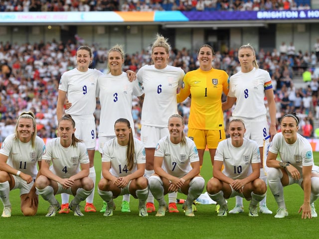 Millie Bright and her England team-mates pose for a photo prior to the UEFA Women's Euro 2022 group A match between England and Norway.