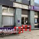 This was the scene outside the Nat West Bank in Horsham's Carfax today following damage to the building during high winds