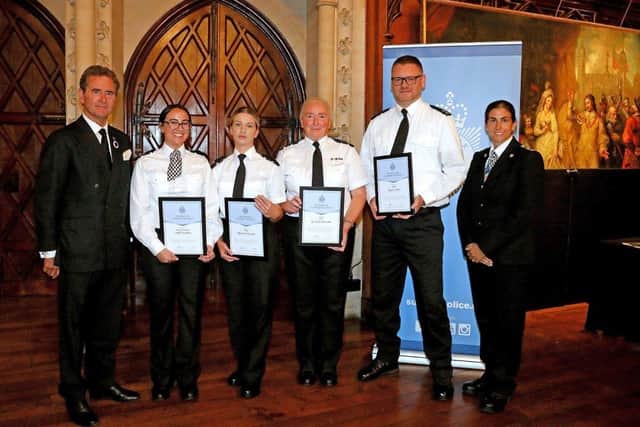 PS Wimbleton, PCSO Saiduroviene, PCSO Rushworth and PCSO White were among dozens of police employees, commended for their achievements at the West Sussex Divisional Awards ceremony, held at Arundel Castle on Monday (September 26). 
L-R: Vice Lord Lieutenant Sir Richard Kleinwort, Sgt Wimbleton, PCSO Saiduroviene, PCSO Rushworth, PCSO White, Chief Insp Sarah Leadbeatter. Photo: Sussex Police