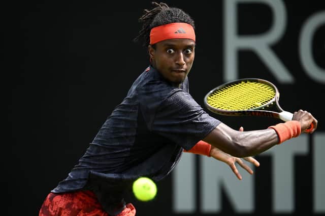 Mikael Ymer of Sweden plays a backhand against Liam Broady of Great Britain during the Men's Singles in Eastbourne - he later had high praise for the supportive crowd (Photo by Mike Hewitt/Getty Images)