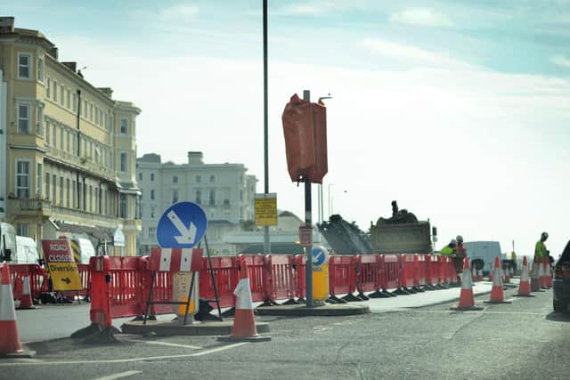 Roadworks on Hastings seafront pictured on May 16.