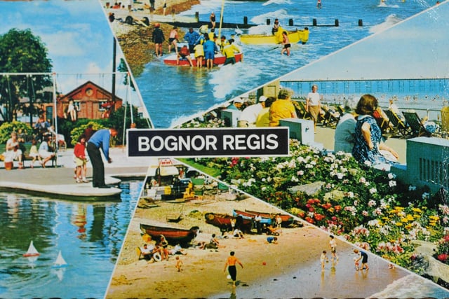 The Bognor Regis postcard is unusual as it places the colour pictures in triangular shapes rather than squares
