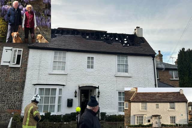 Sue and Geoff Mostyn (pictured, inset) were awake when their house – in High Street, Angmering – caught fire. The bottom photo shows their home before the blaze.