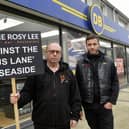 Kevin Gillett and Tom Baxter protest against the new bus lane in Seaside. Photo: Jon Rigby