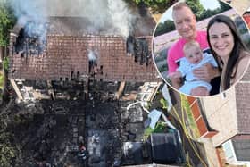 The four seriously damaged homes in Beechside and (inset) Elena Raluca Ambrozie, Neil Philpott and baby Theo