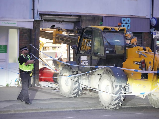 Response units came across a ‘crane attempting to steal an ATM from a supermarket’ in Barnham Road, with one man taken into police custody
