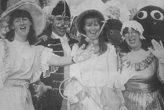 June Goble as Mary Mary, Neil Skates as the Grand Old Duke, Gill Potter as Little Bo Peep, Brian Sampford as Old King Cole, Jenny Smith as Miss Muffett, and Laurie Hockley as her spider, on the Sun Alliance float at Southwater carnival in 1994