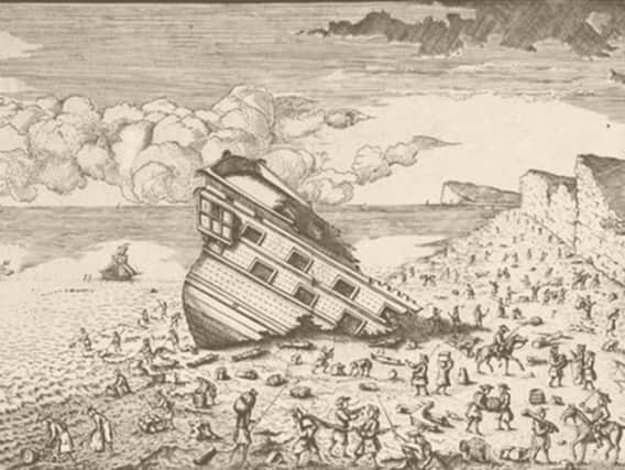 La Nympha Americano shipwrecked off Birling Gap in November 1747. Looters can be seen busily at work. English privateers had seized the vessel from the Spanish and it was being taken to London but ran into a terrible storm en route.