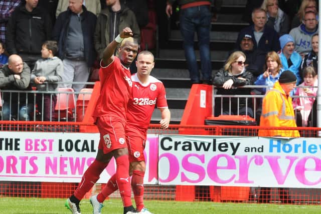 Mathias Pogba celebrates one of his two Crawley Town goals back in 2015 (Pic by Jon Rigby)
