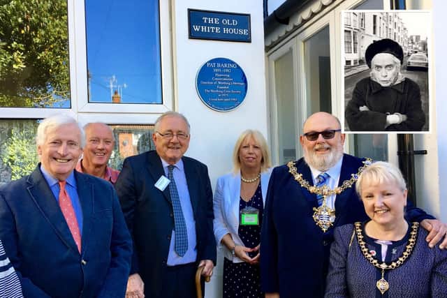 Left to right: James Thomas, nephew of Pat Baring, Sir Peter Bottomley MP, Susan Belton, chairman of the Worthing Society, mayor of Worthing Paul Baker, and mayoress Sandra Baker outside Pat Baring's former home in Church Walk, Worthing