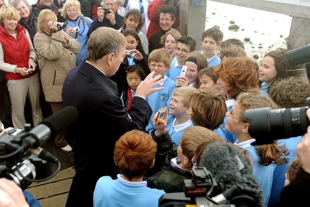 Prince Andrew talking to Buckingham Park Primary School pupils at the official reopening of the Old Toll Bridge in Shoreham