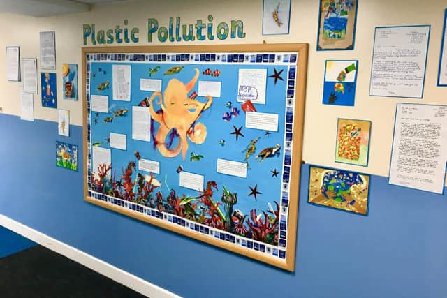 The children made a plastic pollution display