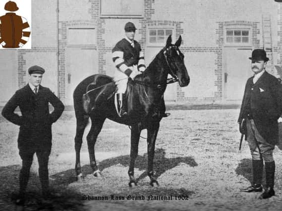 Ambrose Gorhams 1902 Grand National winner, Shannon Lass. She was one of only 13 mares to ever win the race and was schooled on Telscombes Downland Gallops. The horse is pictured flanked by Gorham (right) and trainer James Sailor Hackett. Jockey David Read is in the saddle.