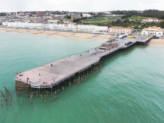 Aerial photo of Hastings Pier. Photo by Eddie Mitchell.