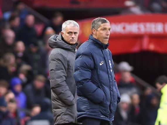Chris Hughton and Jose Mourinho on the touchline during Manchester United's 1-0 win over Brighton & Hove Albion. Picture by PW Sporting Pics