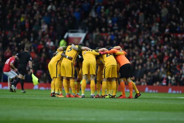 Brighton & Hove Albion huddle ahead of Manchester United clash at Old Trafford. Picture by PW Sporting Pics
