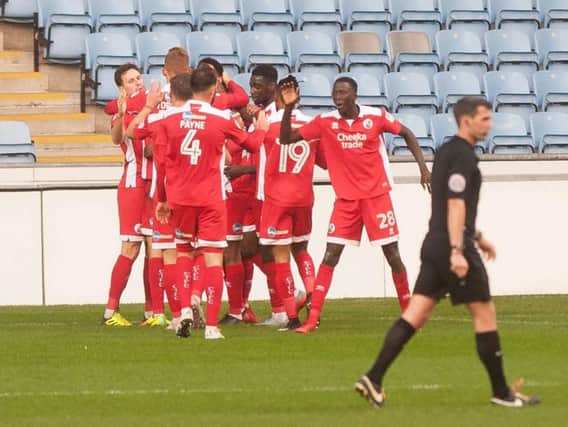 The Crawley team celebrate Jordan Roberts' goal. Picture by Nick Wilkinson/Coventry Telegraph