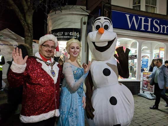 Billy with Elsa and Olaf at the Littlehampton Christmas lights switch on