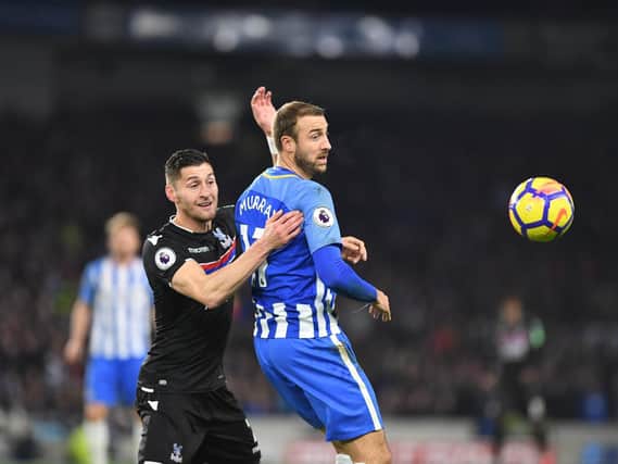 Glenn Murray battles for the ball in Brighton & Hove Albion's derby clash with Crystal Palace. Picture by PW Sporting Pics
