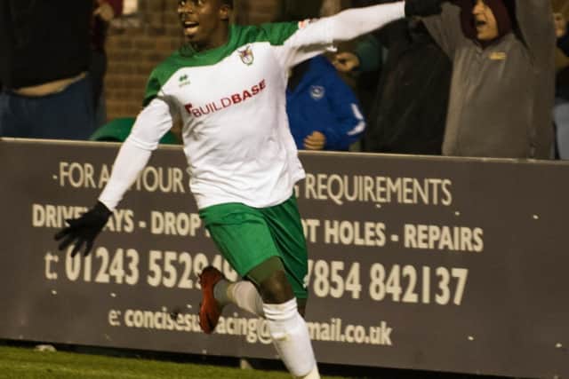 Ibra Sekajja celebrates his goal as the Rocks beat Hemel in their FA Trophy replay / Picture by Tommy McMillan