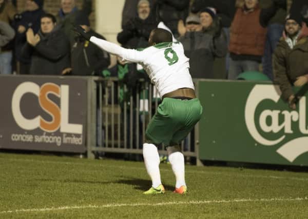Ibra Sekajja celebrates his FA Trophy replay winner / Picture by Tommy McMillan