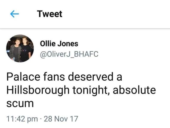 The tweet has caused controversy after the Brighton and Hove Albion and Crystal Palace match