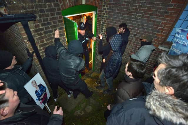 The Katie Hopkins talk was cancelled due to safety concerns after protesters tried to storm the venue. Â©Peter Cripps