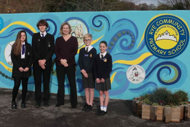 Home Secretary Amber Rudd with students of Rye Community Primary School and Rye College