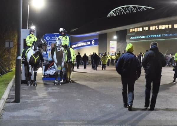 Police outside The Amex for Brighton's previous home game against Crystal Palace. Picture: Steve Bailey