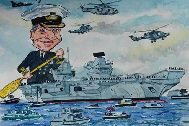 Sean's caricature of the aircraft carrier and her captain