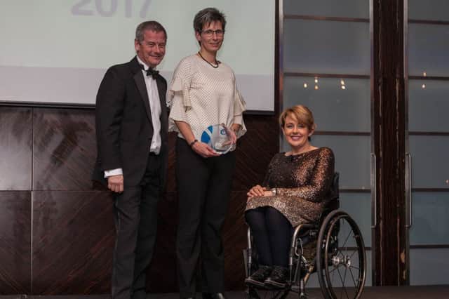 Yvonne Fraser, customer services manager at Fittleworth Medical, centre, with British Healthcare Trades Association president Mike Lord and Baroness Tanni Grey-Thompson