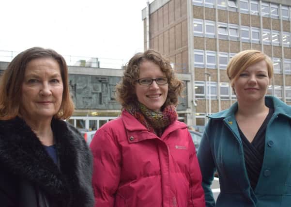 County councillor Carolyn Lambert, Seaford mum Ella Lewis, and Kelly-Marie Blundell a Lib Dem parliamentary candidate outside County Hall on T uesday