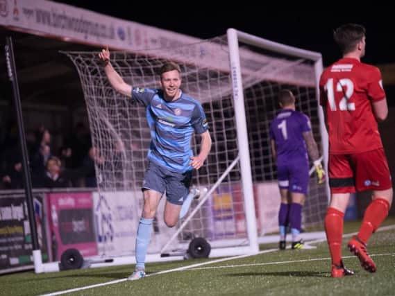 Substitute Jimmy Wild celebrates after firing Worthing ahead at Eastbourne Borough. Picture by Marcus Hoare