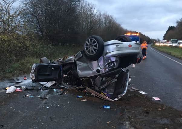 The mangled wreckage of the Peugeot 206 Sophie and Callum were travelling in. Sussex Roads Police Twitter